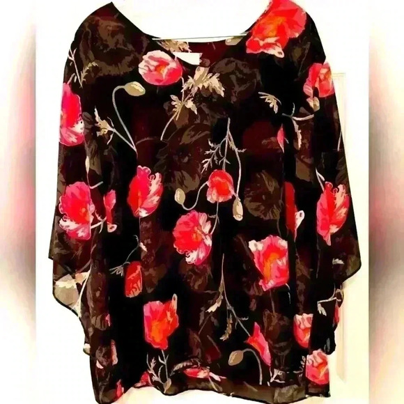Susan Graver Belle Blouse 1X Poppy on Black plus size #172 - Picture 1 of 4